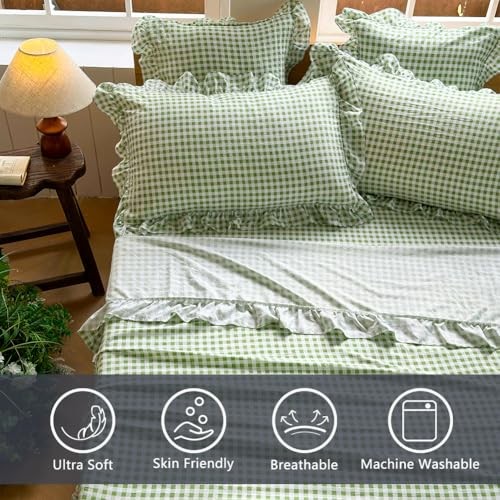 Ruffle Sheet Set, Green Soft Pre-Washed Microfiber Twin Sage Green Gingham gallery