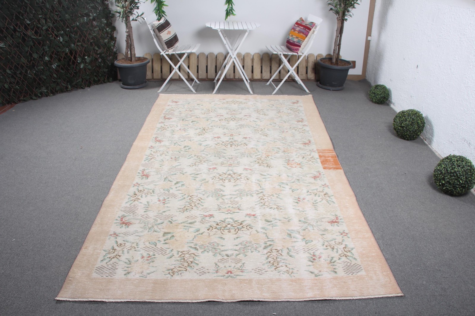 5,4x9,4 ft Vintage Turkish Rug, Large Rug, Beige Green Striped Wool Rug gallery