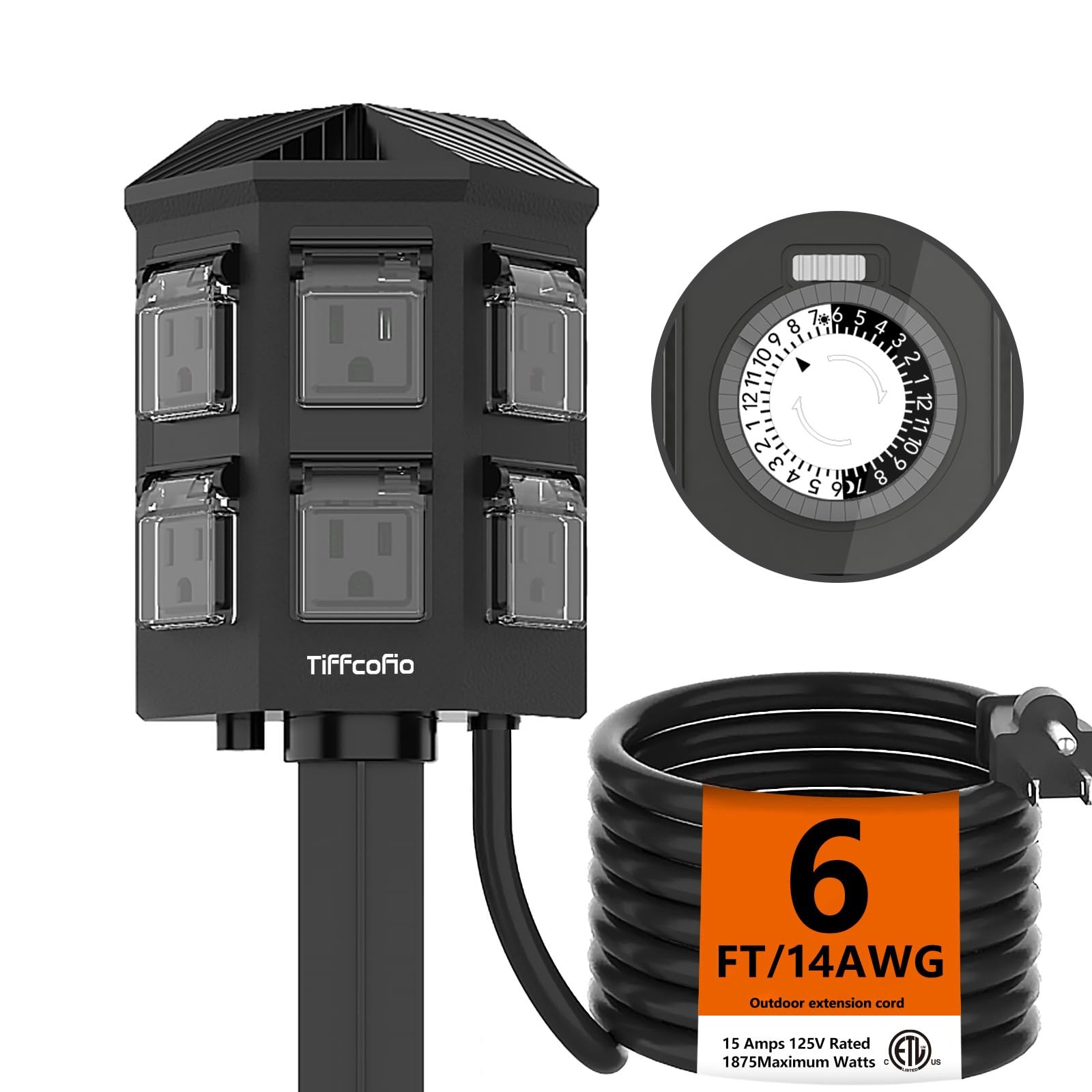 Outdoor Power Strip Waterproof, 24 Hour Mechanical Timer, 6 ft Extension Cord... gallery