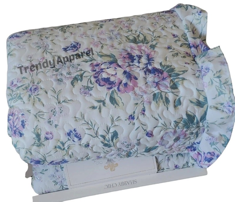 Shabby Chic, Reversible, Violet/Blue Floral, Ruffles QUEEN Quilt & Sham Set gallery