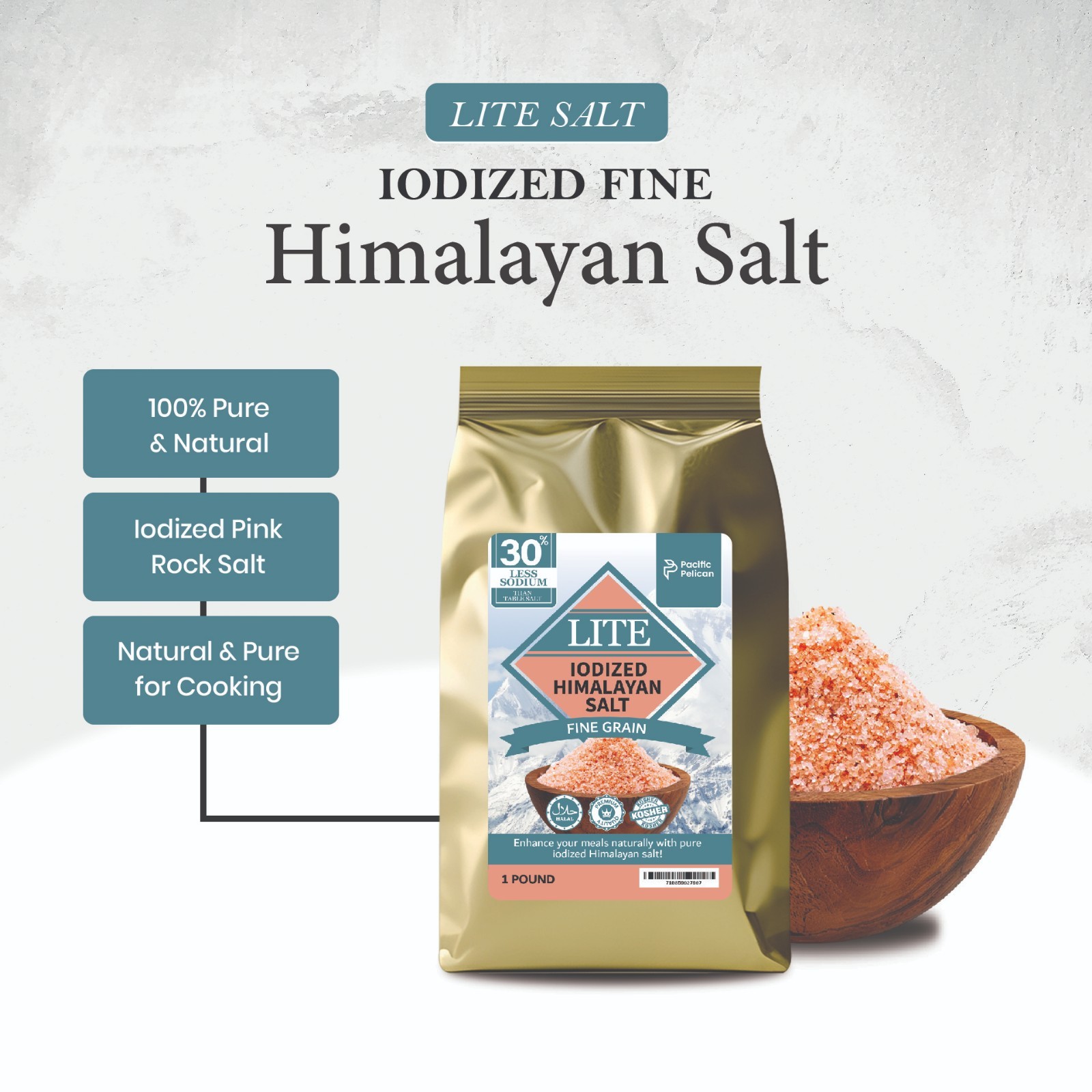 Pacific Pelican 30% Less Sodium Iodized Himalayan Pink Salt, Fine Grain, 1 LB gallery