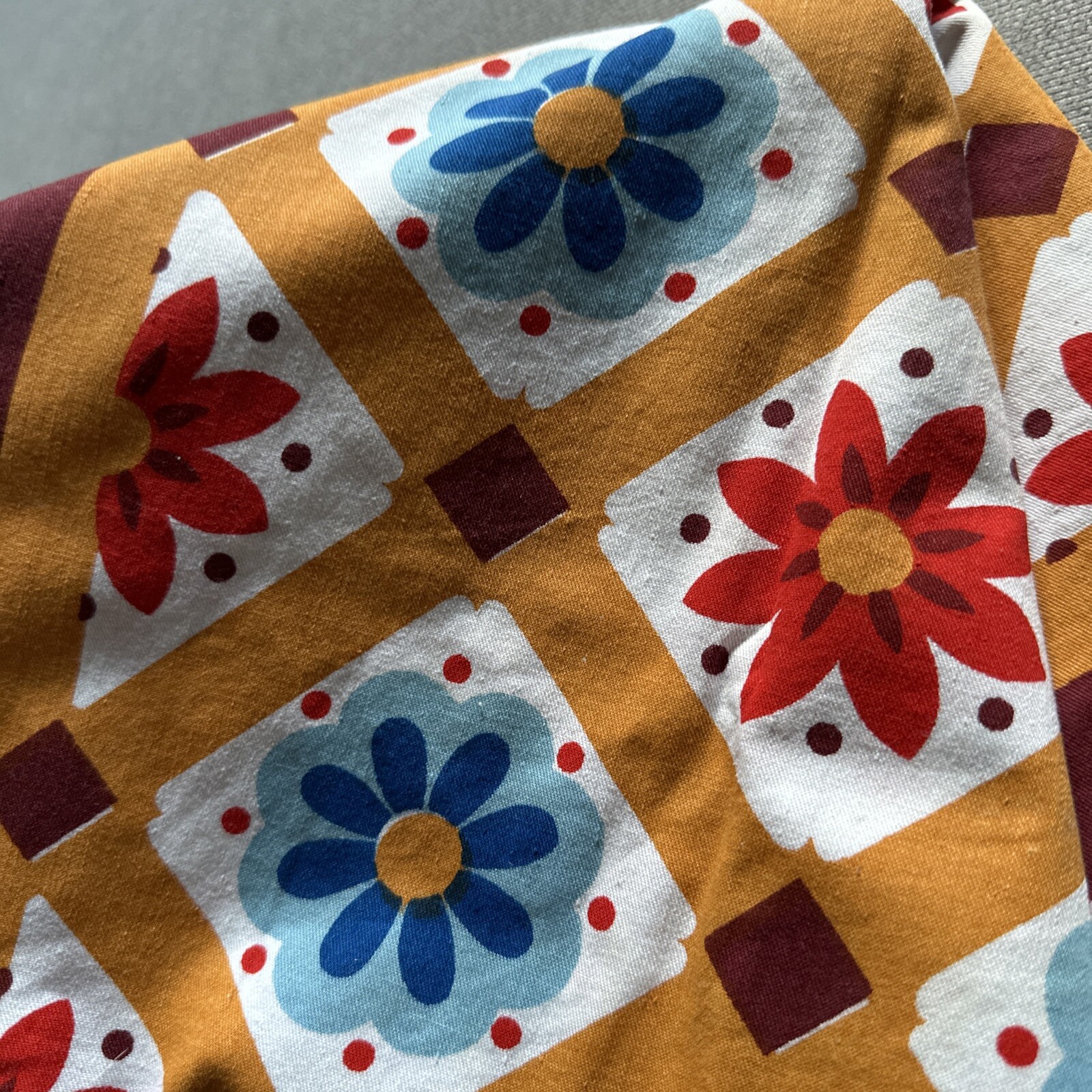 Vintage Tablecloth Floral Geometric Cotton Orange Multicoloured Square 130x123cm gallery