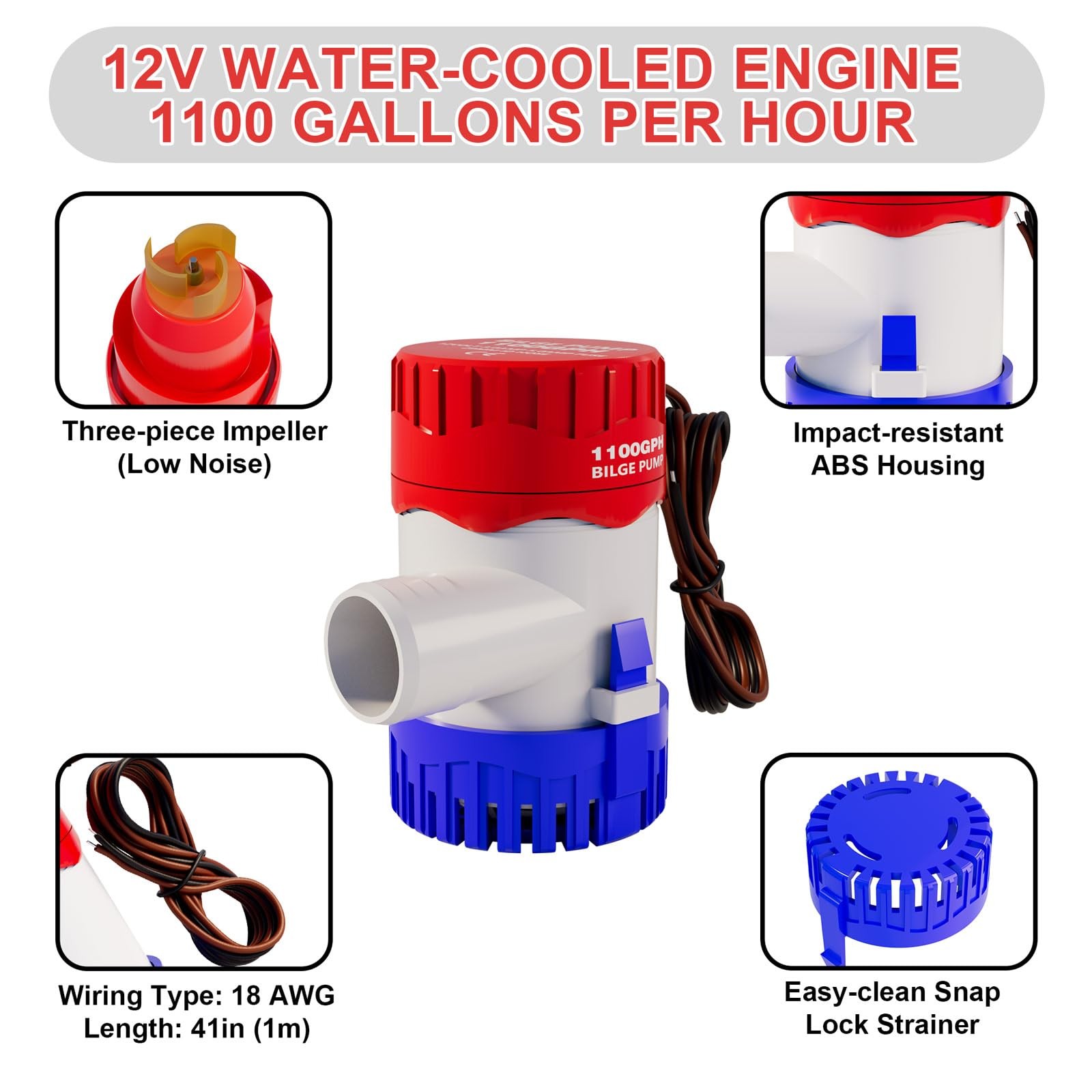 Sanuke 1-1/8 Inch Boat Bilge Pumping Kit, 1100gph 1100GPH Pump Red, Blue gallery