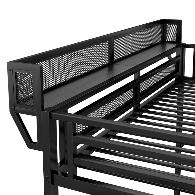Queen Size Metal High Loft Bed w/Storage Shelves,Storage Stairs & Wardrobe,Black gallery