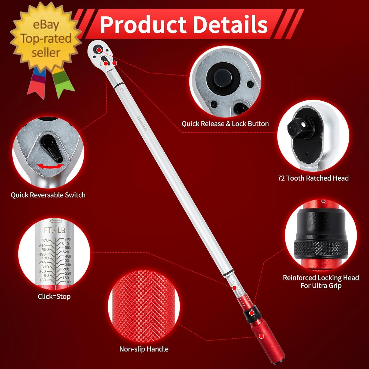 3/4-Inch Drive Click Torque Wrench, Dual-Direction Adjustable 48 Tooth 100-700Ft gallery