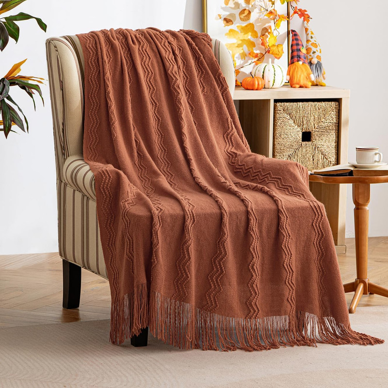 Knitted Boho Throw Blanket for Couch Textured Knit Terracotta Rust Blanket with gallery