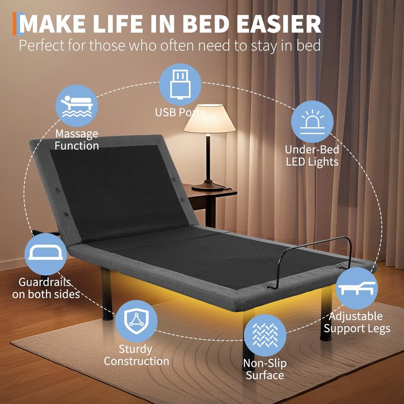 Adjustable Bed Frame, Ergonomic Electric Bed Base, with Head and Foot Incline gallery