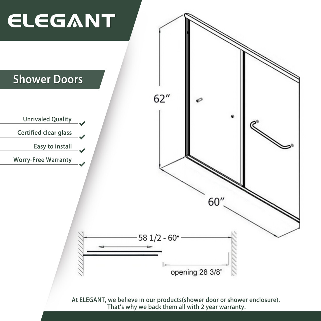 ELEGANT Double Sliding Shower Doors Enclosure Semi-Frameless in Polished Chrome gallery