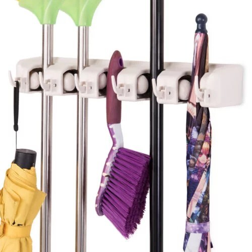 White Wall Mounted Mop & Broom 5 Position Hanger, holds up to 7-1/2 pounds gallery