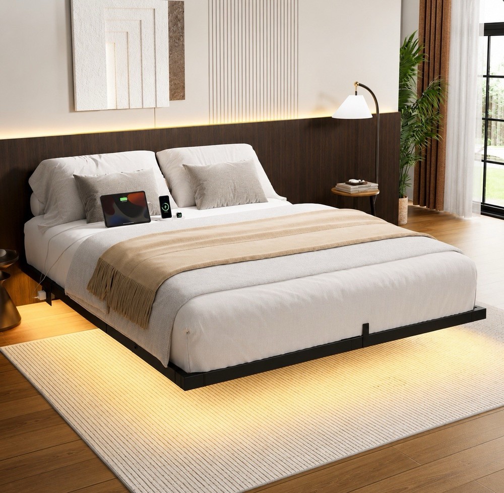 Floating Bed Frame Full Size Metal Platform Bed w/ LED Lights & Charging Station