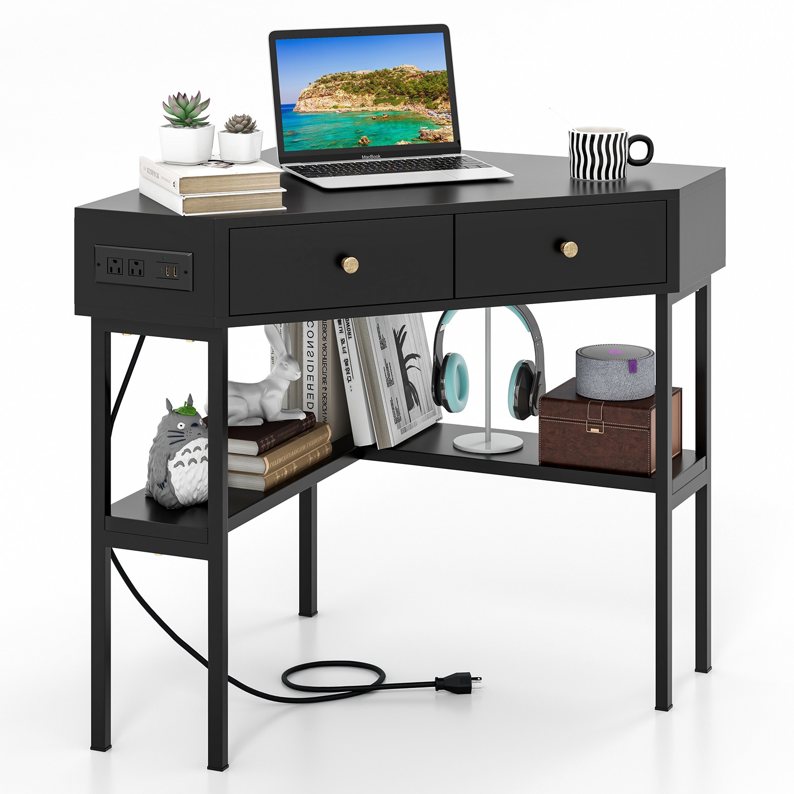 Costway Writing Workstation Study Desk Home Office Study Desk w/ 2 Drawers Black gallery