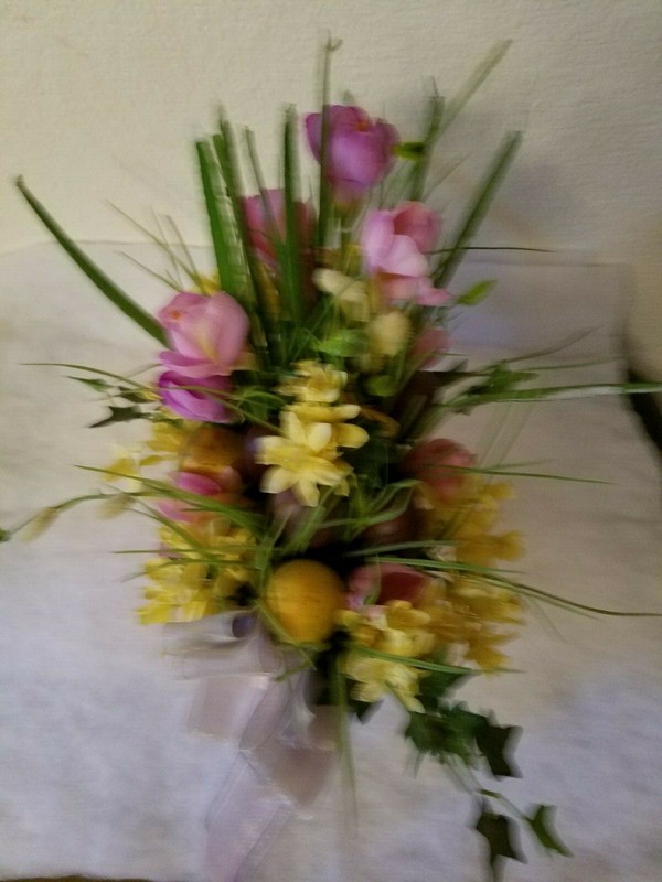 Ceramic Plant Pot and Artificial Easter Eggs & Flowers Pink Lily Yellow 8 x 4" gallery