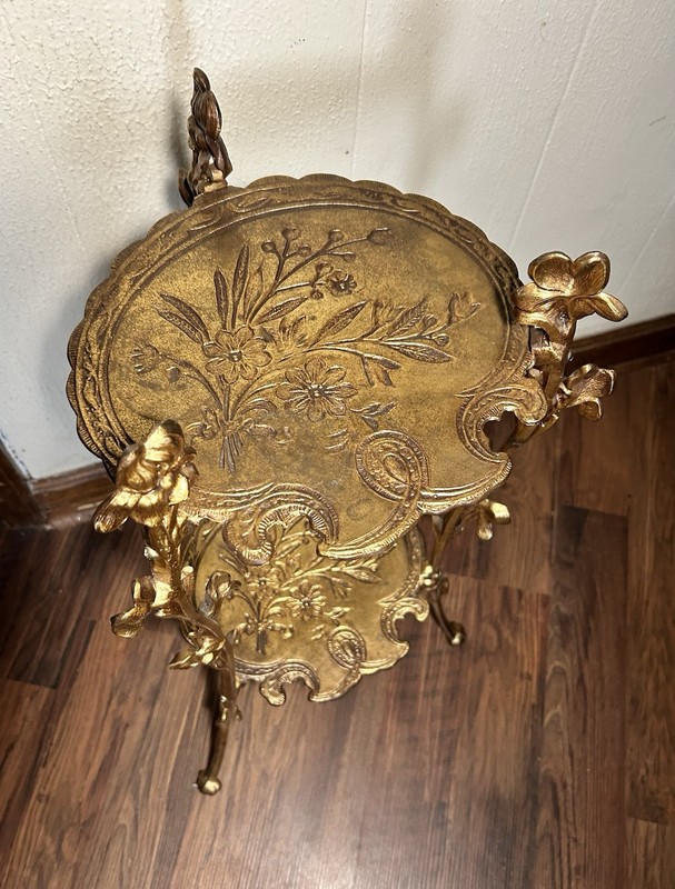 Antique SOLID BRASS 2 Tier Curio Stand, Accent Table, Plant Stand w 3FLOWER LEGS gallery