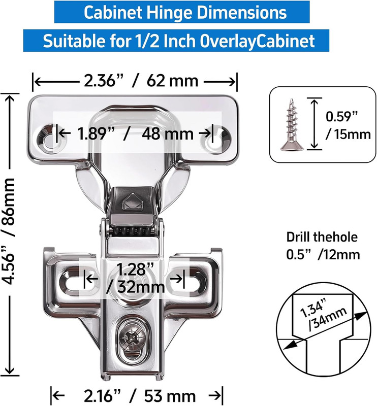 Concealed 105° Soft Close Cabinet Hinges - 24 Pack for 1/2" Overlay gallery