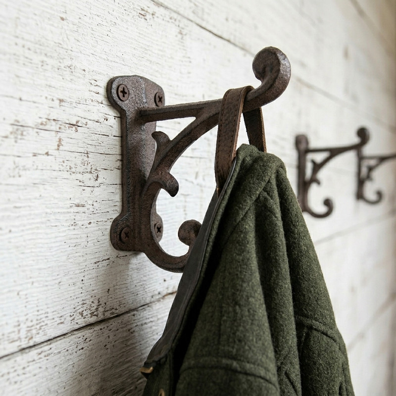 Rustic Double Wall Hook Vines Cast Iron Towel Coat Key Hanger Antique Style gallery