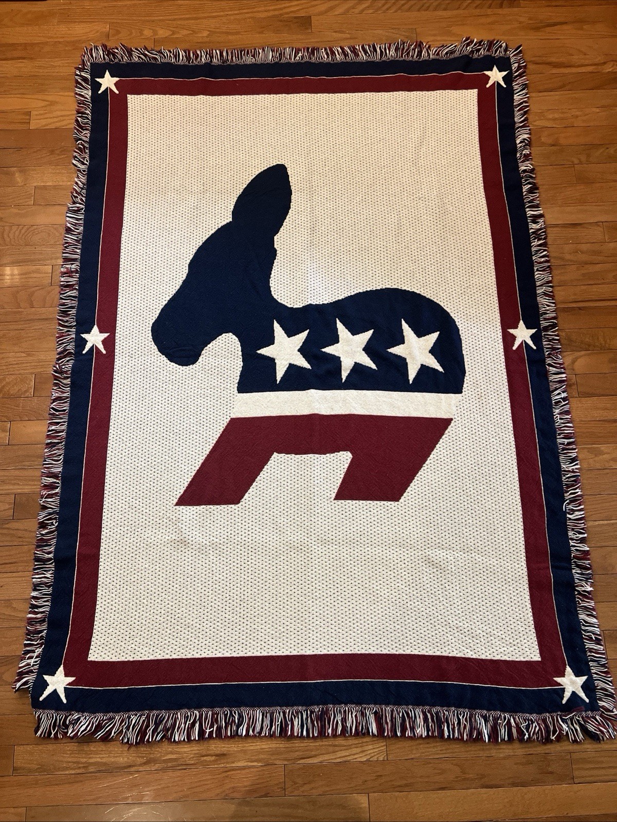 Democrat Donkey Blanket Woven Throw Red White Blue Fringe USA Americana 47x66 gallery