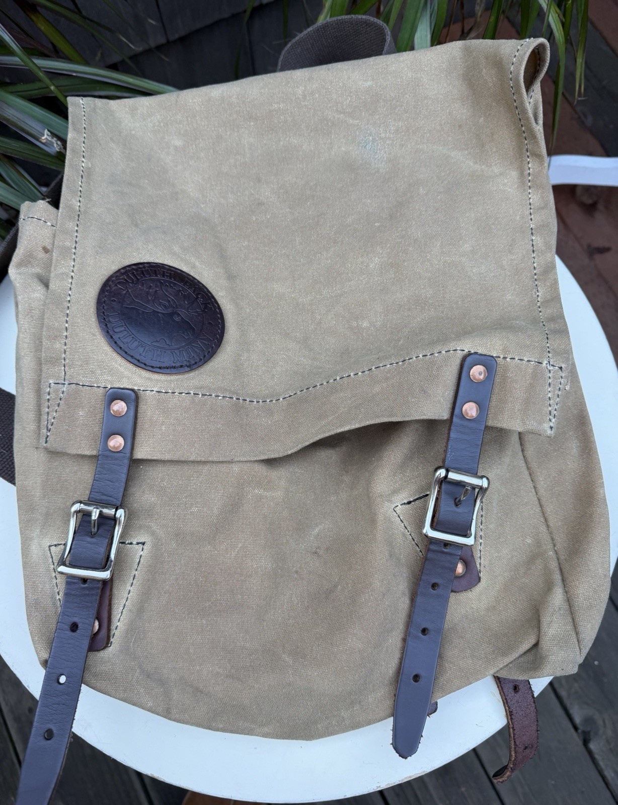 Rustic Duluth Pack Sack Backpack Canvas With Leather Straps 13” 3