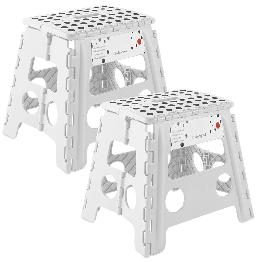 2 Pack - 13" Folding Plastic Step Foot Stools with Handle - White