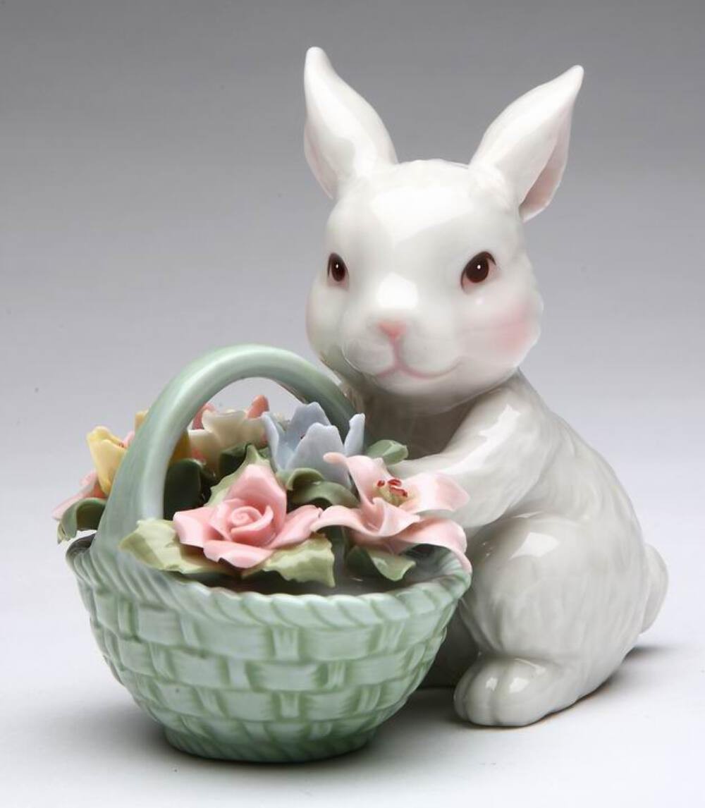 Ceramic Easter Bunny Rabbit With Flower Basket Figurine, Home Décor, Gift for He gallery