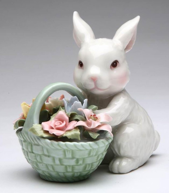 Ceramic Easter Bunny Rabbit With Flower Basket Figurine, Home Décor, Gift for He gallery