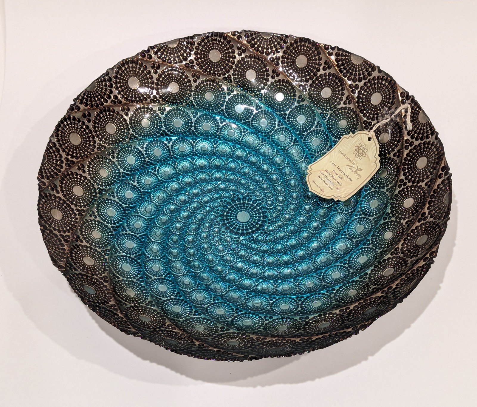Handcrafted Turkish Peacock Feather, Mandala-inspired 16" Glass Bowl Centerpiece gallery