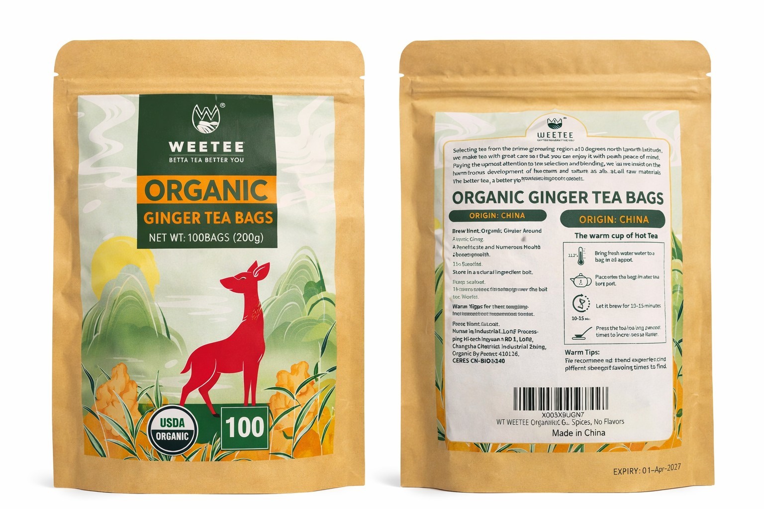 Weetee Organic Ginger Tea Bags 100 Count USDA Organic Herbal Tea Exp 04/01/2027 gallery