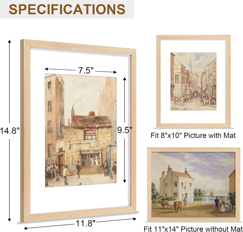 11x14 Picture Frame, Solid Wood Frame with Plexiglass, Includes 8x10 Mat, Wall gallery
