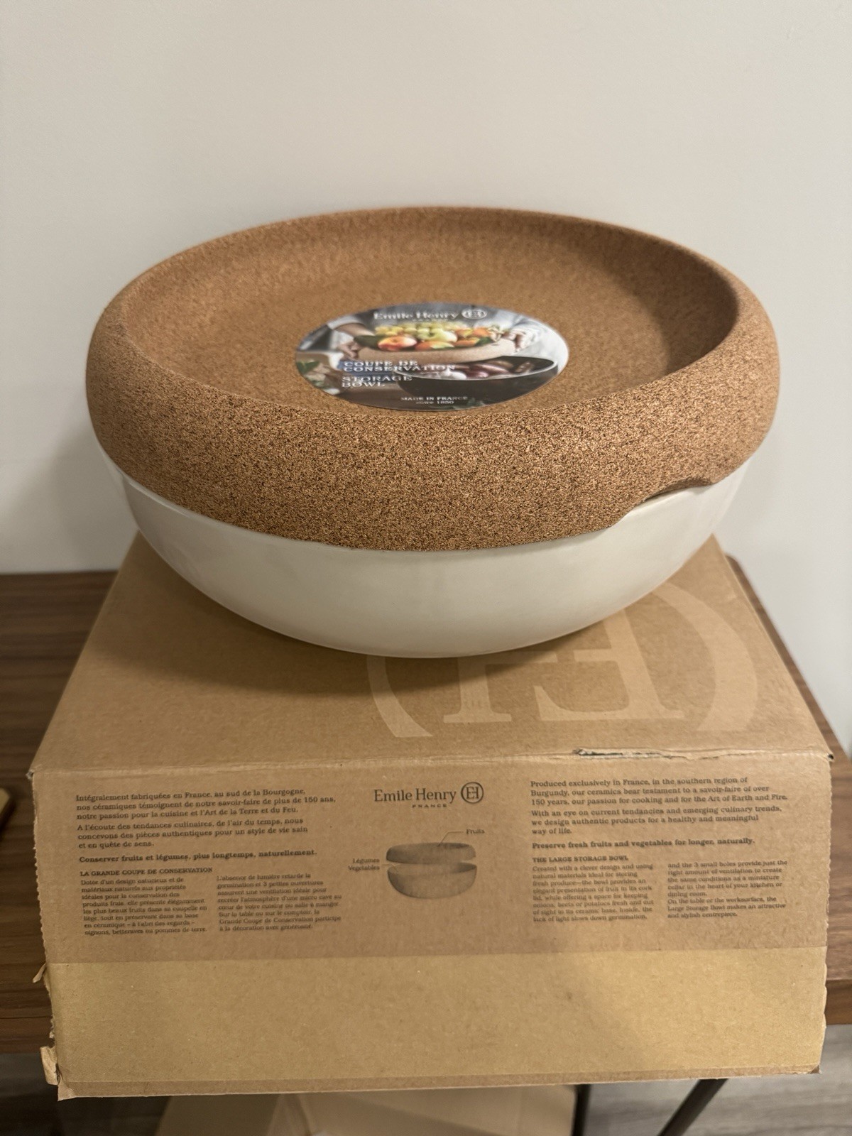 New $200 Emile Henry Ceramic Large Storage Bowl + Cork Lid. Clay. Made In France gallery