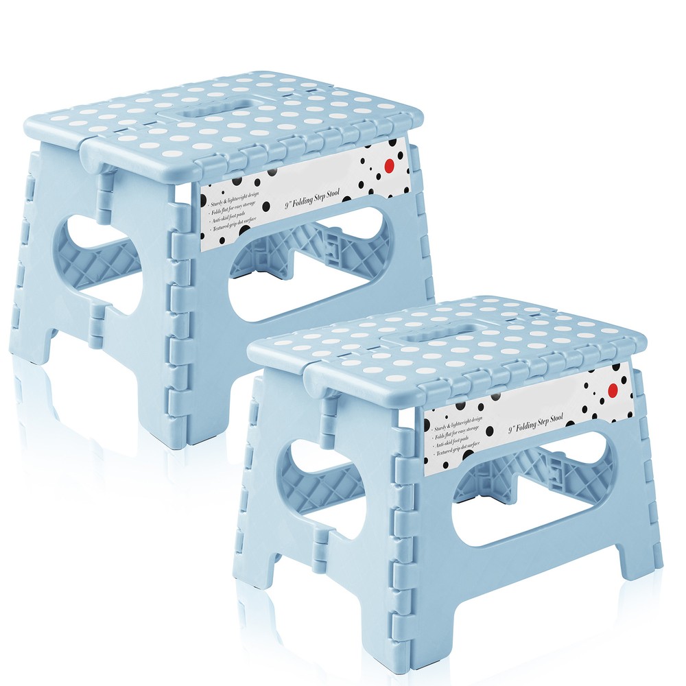 2 Pack - 9" Folding Plastic Step Foot Stools with Handle - Light Blue