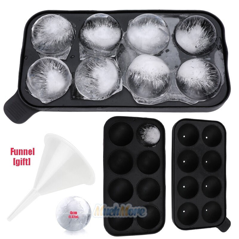 Black Round Silicon Ice Cube Ball Maker Tray 8 Large Sphere Molds Bar w/ Funnel gallery