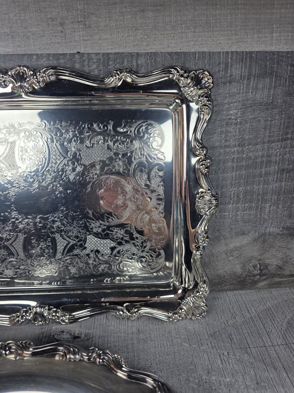 Vtg Oneida Wilton Silverplate Serving Tray Set Round & Rectangular Ornate bin4 gallery