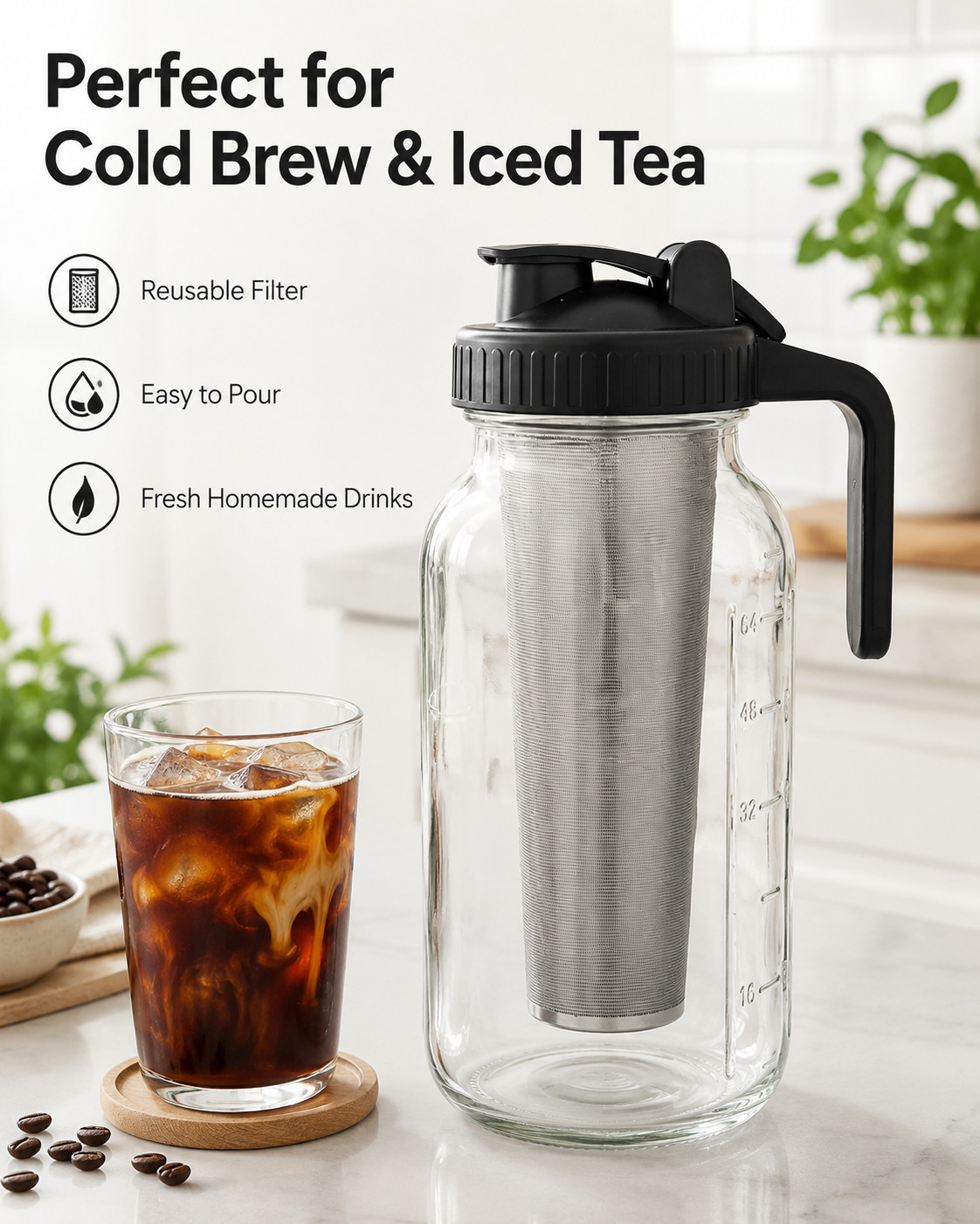 64oz Cold Brew Coffee Maker & Iced Tea Maker Mason Jar Pitcher Set gallery