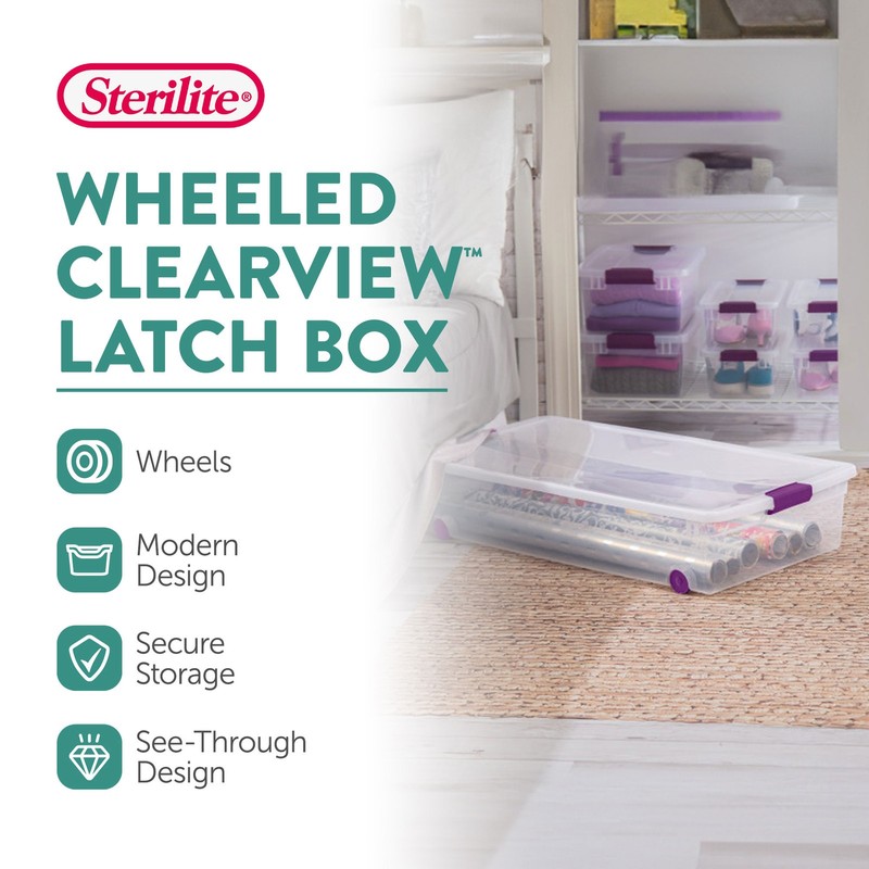 Sterilite 60 Qt ClearView Latch Wheeled Underbed Stackable Storage Box, 4 Pack gallery