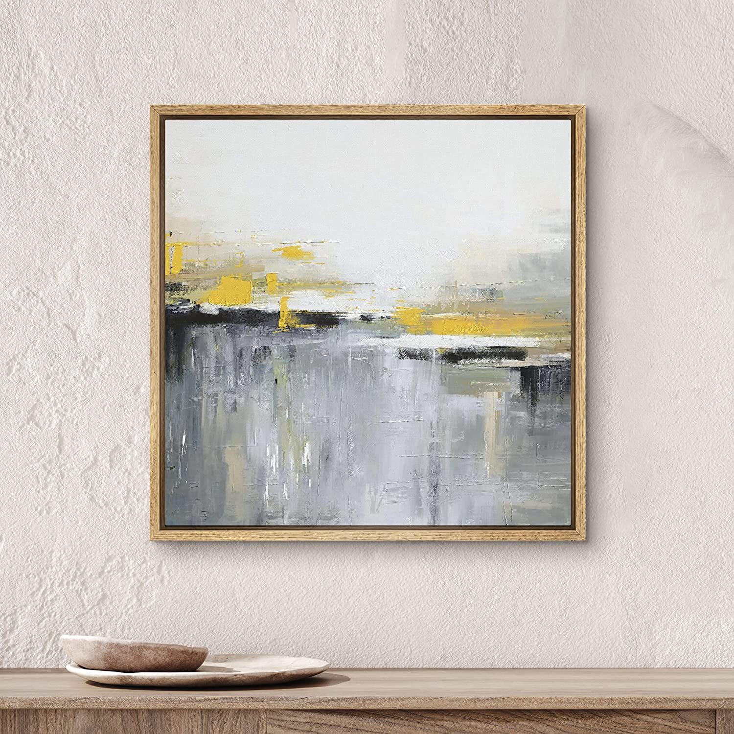 Gray Yellow BLack White Abstract Wall Art Framed Canvas Print gallery