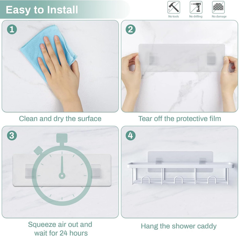 White Shower Caddy Organizer, 2 Pack Adhesive Shampoo Holder Basket Shelves for gallery