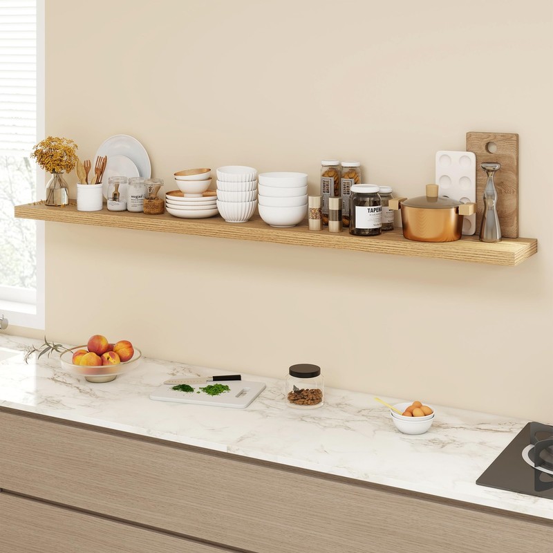 Floating Shelf 72 Inch Wall Mounted 9.3 Deep Light Brown Acovy Shelves gallery