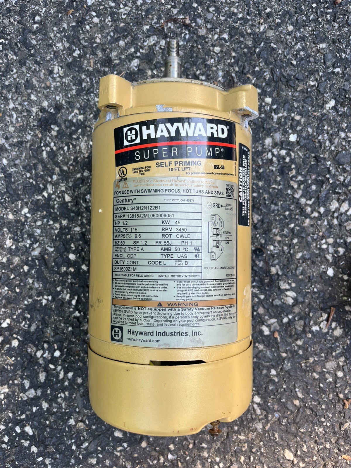 Hayward Super Pump Pool Motor S48H2N122B1 1/2 HP 115V 3450 RPM 56J gallery