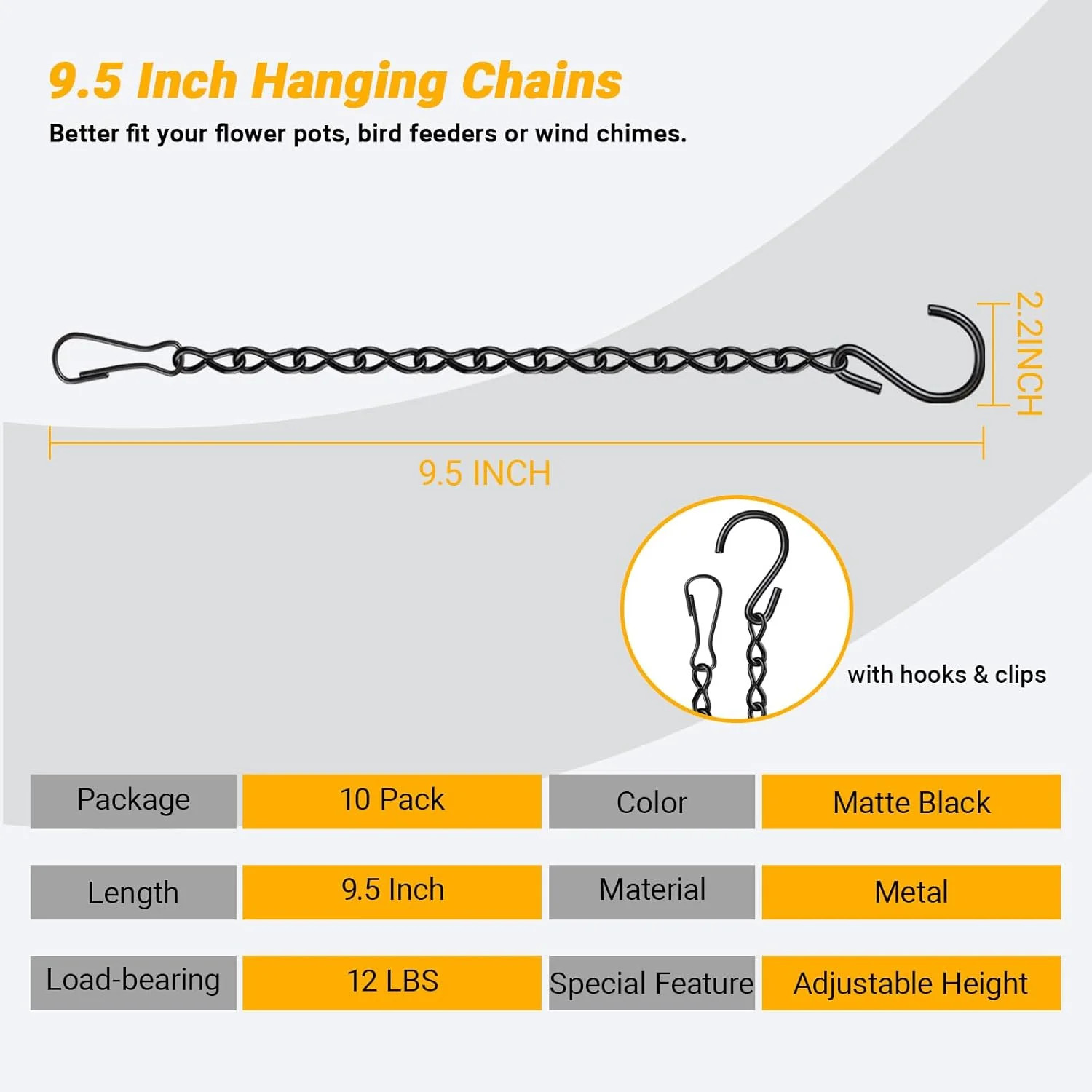 9.5 Inch Plant Hooks for Hanging Baskets,Black Hanging Chains with S Hook and Cl gallery