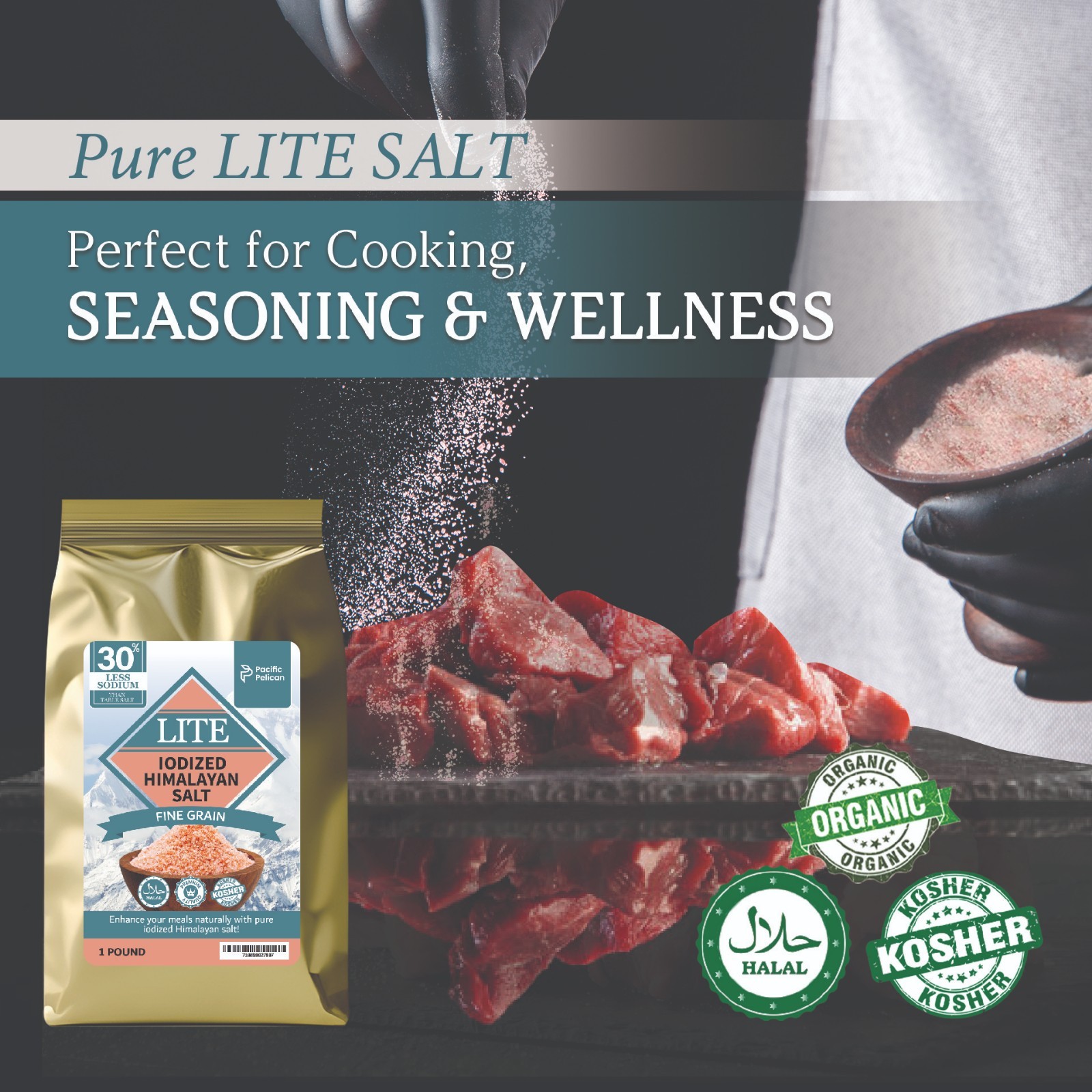 Pacific Pelican 30% Less Sodium Iodized Himalayan Pink Salt, Fine Grain, 1 LB gallery