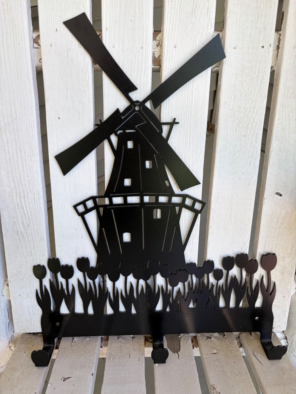 Cast Iron Windmill Surrounded by Tulips Wall Hooks, 20" by 16" and Substantial gallery
