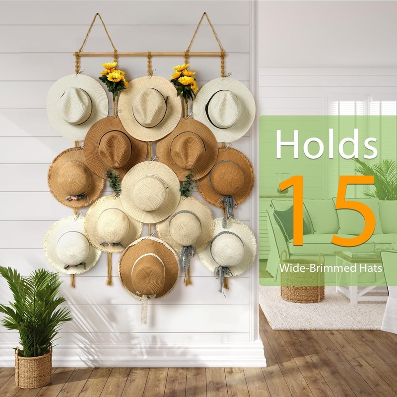 Macrame Hat Organizer Rack for Wall 15 Clips 31x66in Large Fedora Hat Hangers... gallery