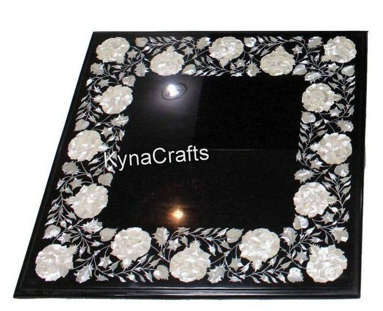 Black Marble Coffee Table Top Floral Design Inlay Work Center Table for Office gallery
