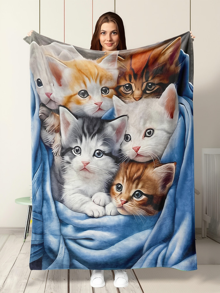 Adorable Animal Cat Print Flannel Blanket Warm Cozy Throw Gift