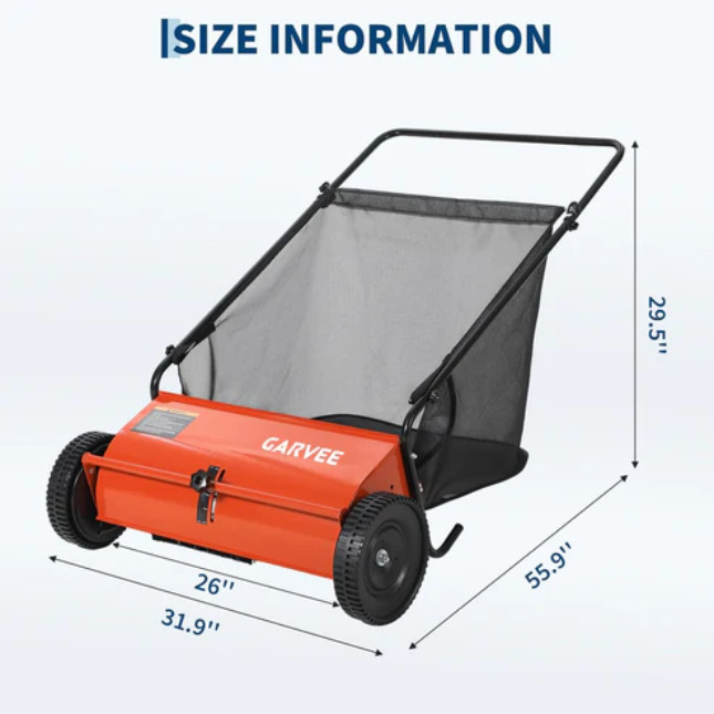 [NEW]Garvee 26-Inch Push Lawn Sweeper, Walk-Behind Leaf & Grass Collector-Orange gallery