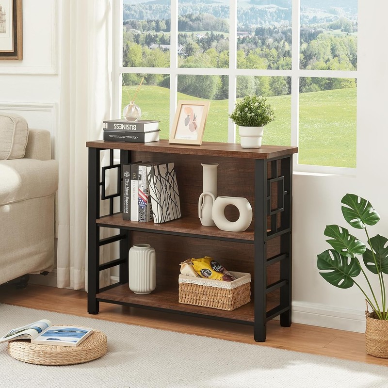 3 Tier Bookshelf Rustic Brown Engineered Wood Metal Storage Bookcase Low gallery