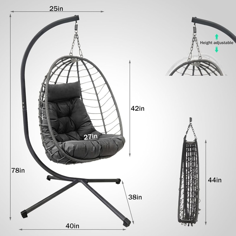Hanging Egg Chair with Stand, Outdoor Wicker Patio Swing, Foldable Hammock Chair gallery