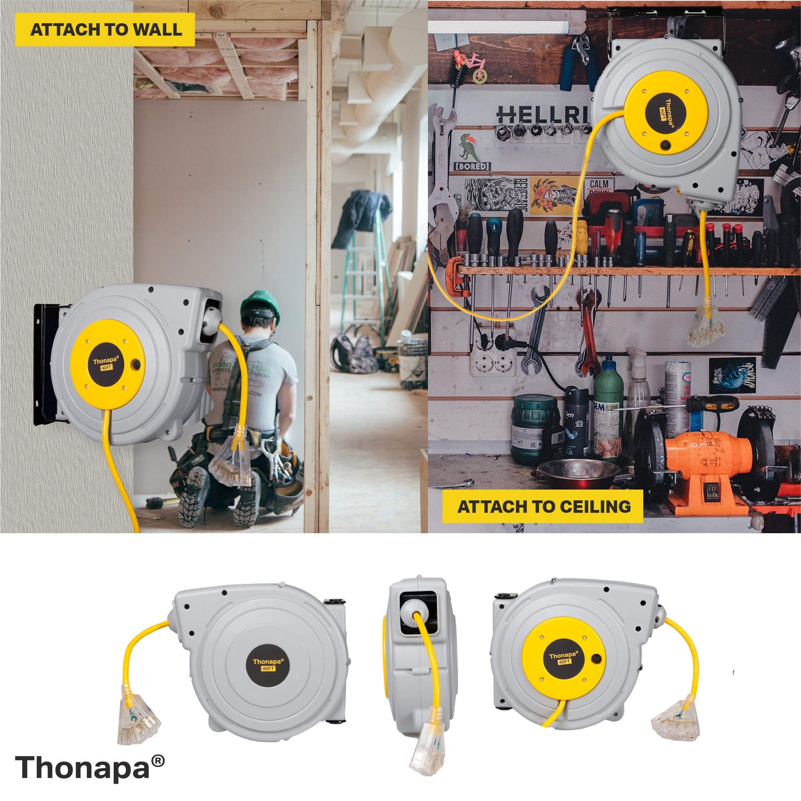 40 Ft Retractable Extension Cord Reel - 12/3 SJTW Heavy Duty Yellow Cable gallery