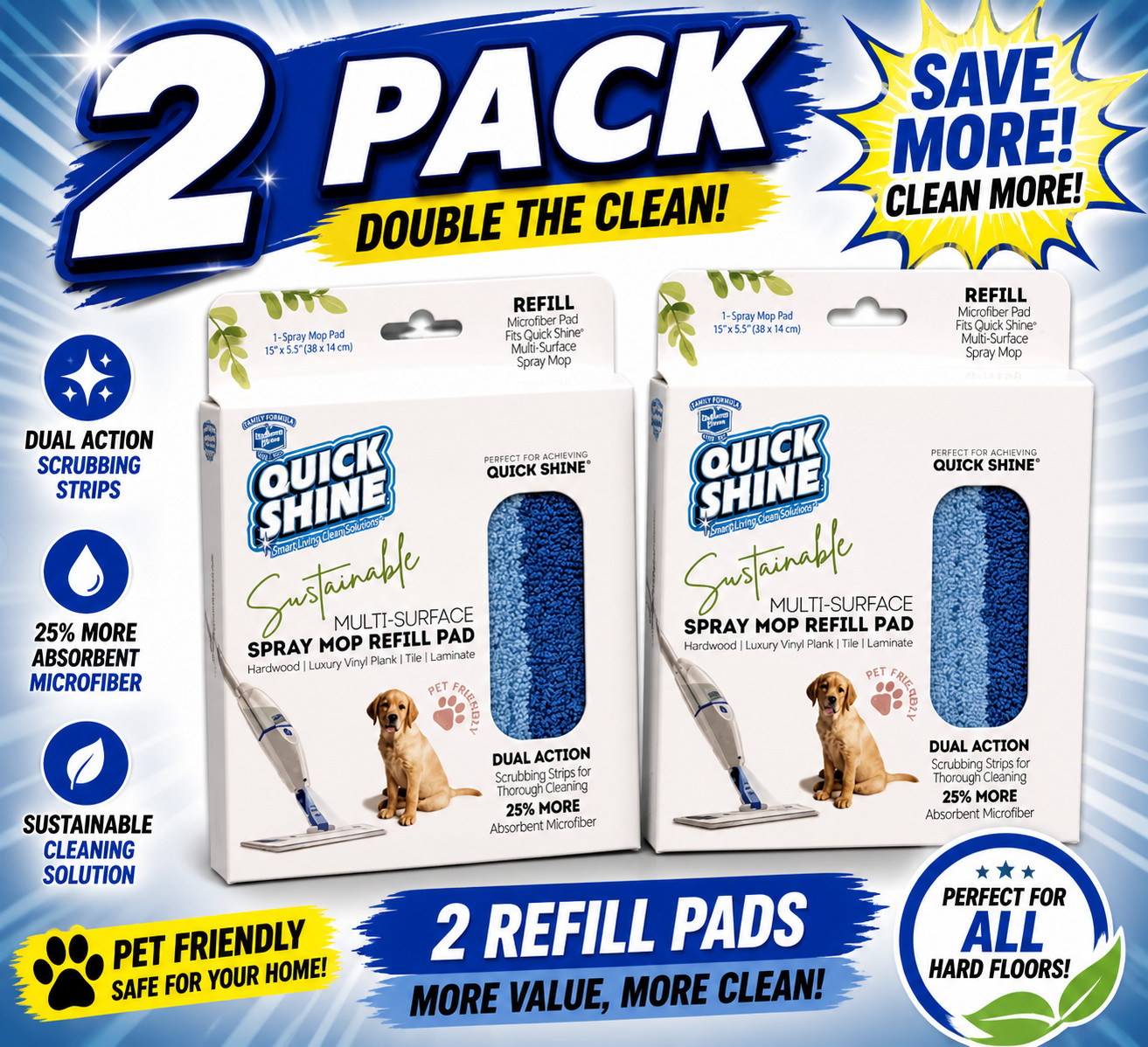 Quick Shine Dual Action Spray Mop Refill Pad 2 Pack NEW gallery