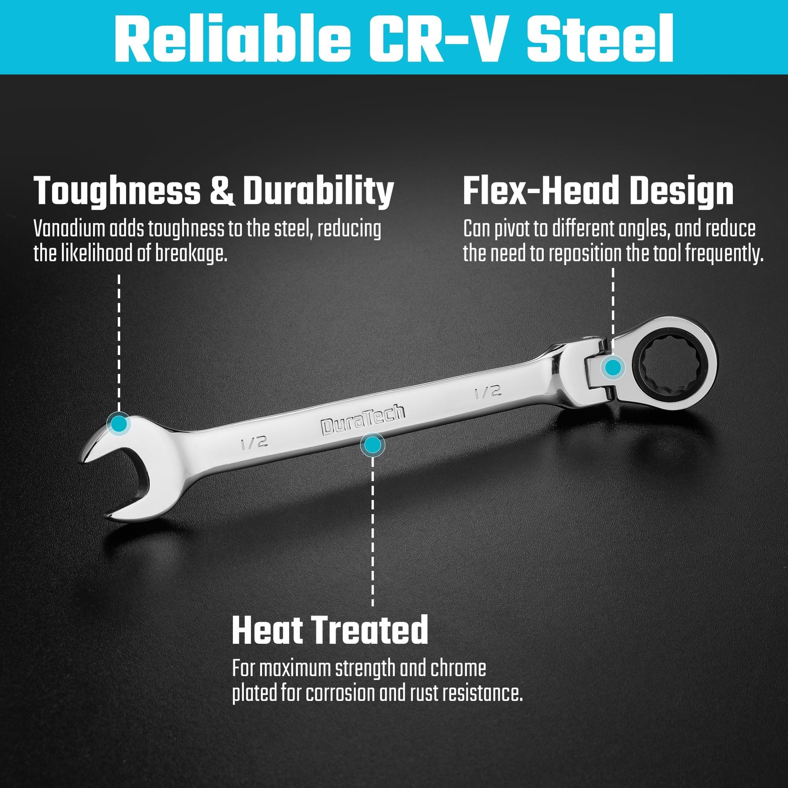 DURATECH 1/2" Flex-Head Ratcheting Combination Wrench, SAE, 1/2inch, Silver gallery