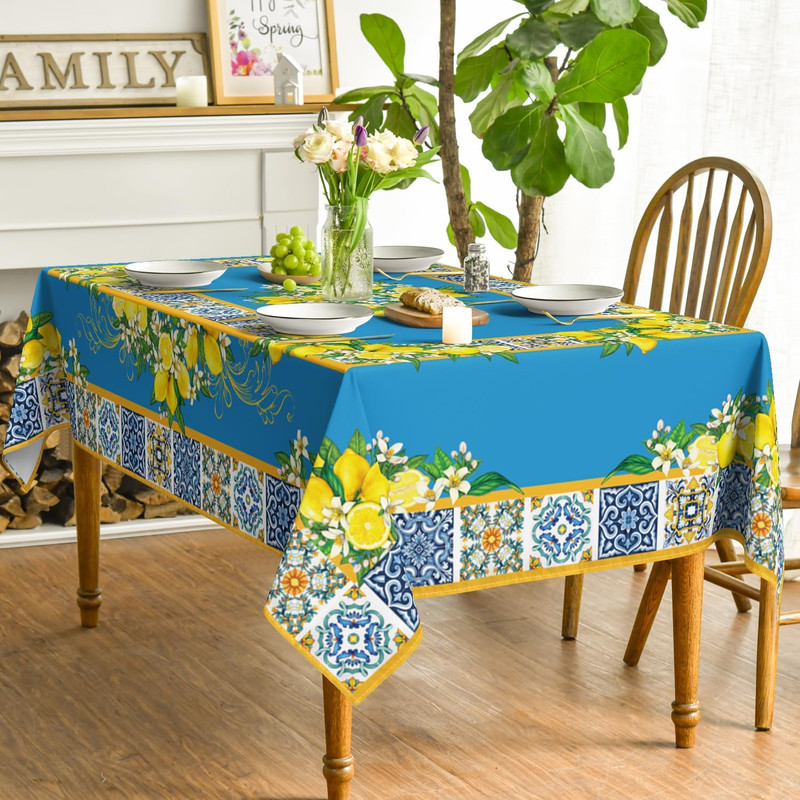 Summer Tablecloth 60×84 Inch Rectangular, Blue Yellow Lemon Vintage Pattern Wash gallery
